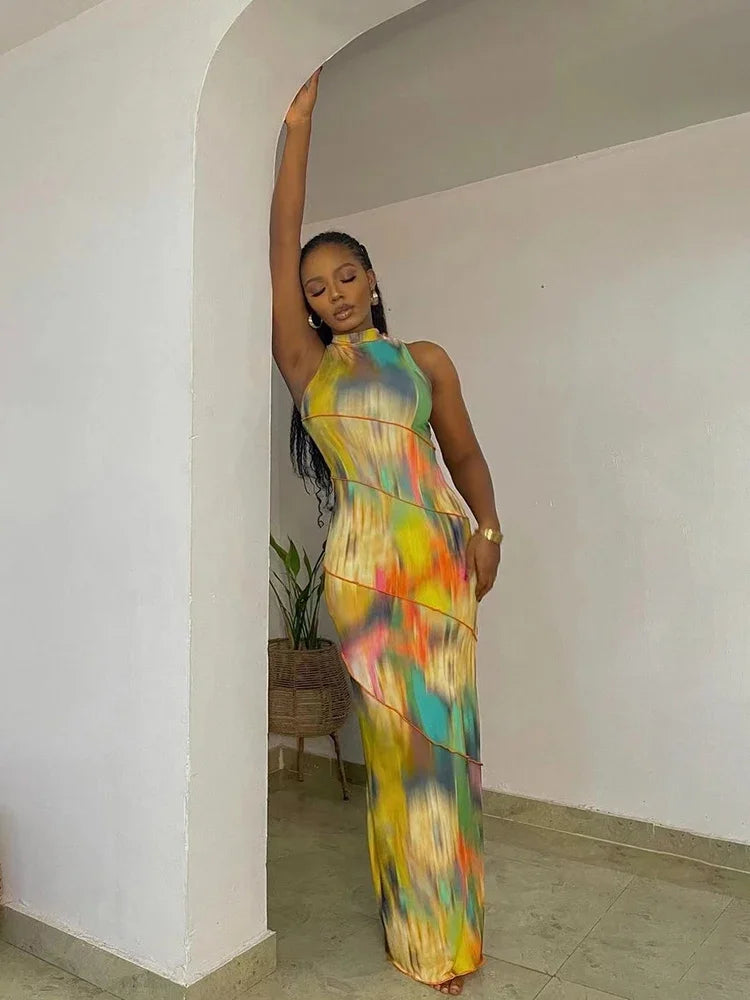 BWQ Colorful Tie-dye O-neck Maxi Dress Women Hipster Topstitch Patchwork Sleeveless Slim Robe Female Streetwear Vestido