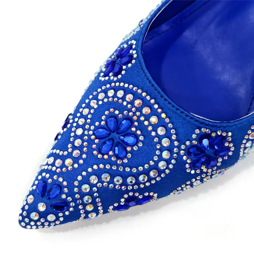 Elegant And Sexy Fuchsia Color High Heels Shoes And Bag With Rhinestone Embellished Toe Is Comfortable Women's Shoes For Party