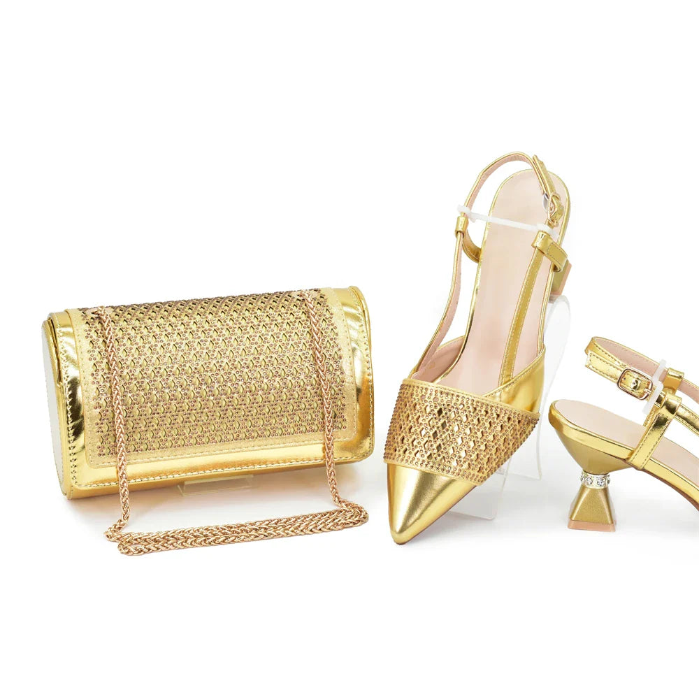Women's Italian Shoes and Matching Bags Sets Decorated with Rhinestone Fashion