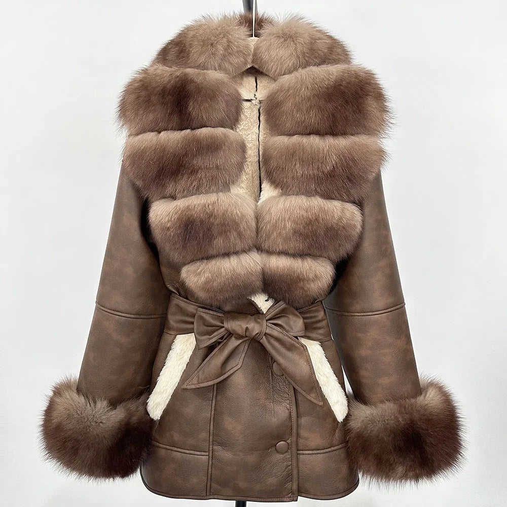 Women's Large Faux Fur Leather Jacket Warm Autumn Winter Outwear High Street Style Thick Warm Fur Turn-Down Collar Single Breasted