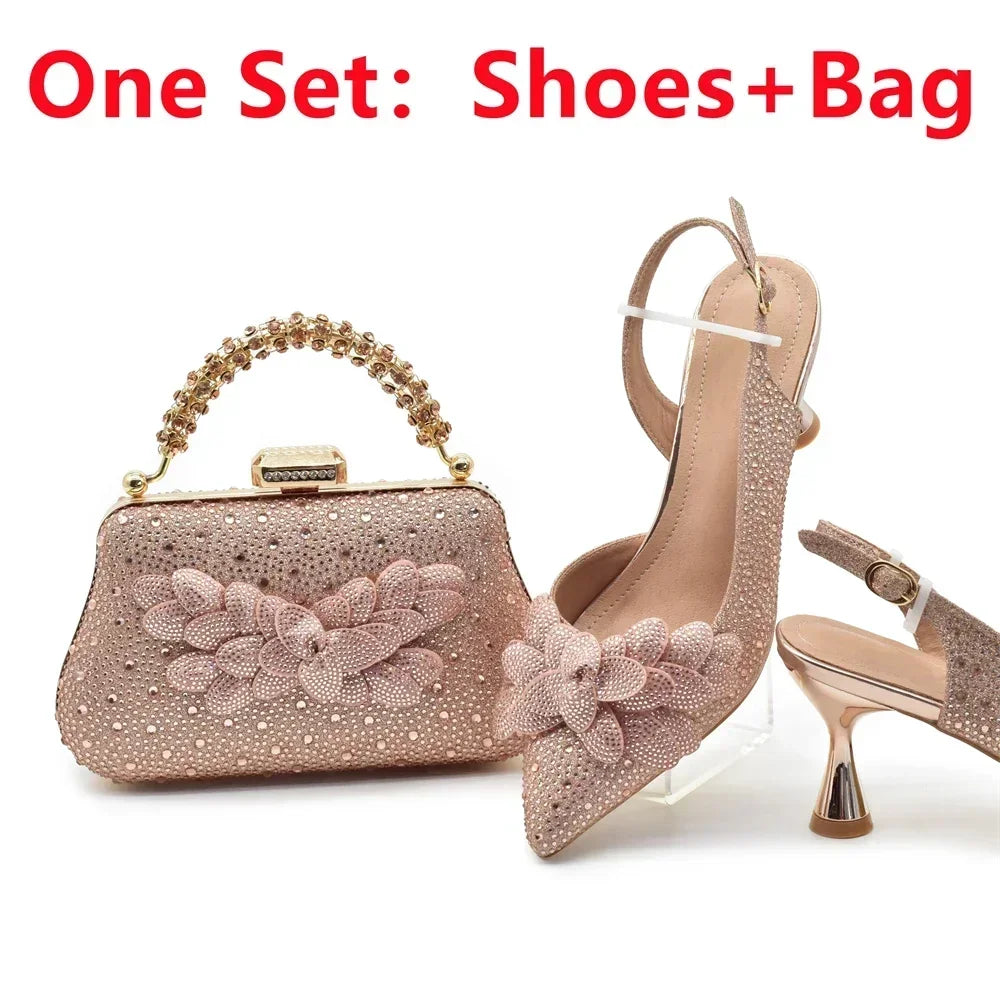 Luxury Italian Shoes and Bag Set for Women Wedding Pointed Toe Women's Pumps High Heel Rhinestones Party Ladies Shoe and Bag Set