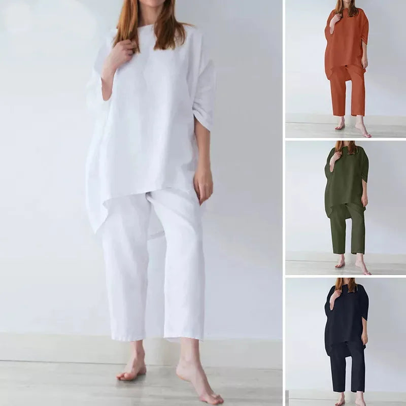 Fashion Short Sleeve Blouse Wide Leg Trousers Suits Vintage Summer Pant Sets Two Piece Sets Womens Loose Tracksuit Outifits 2025