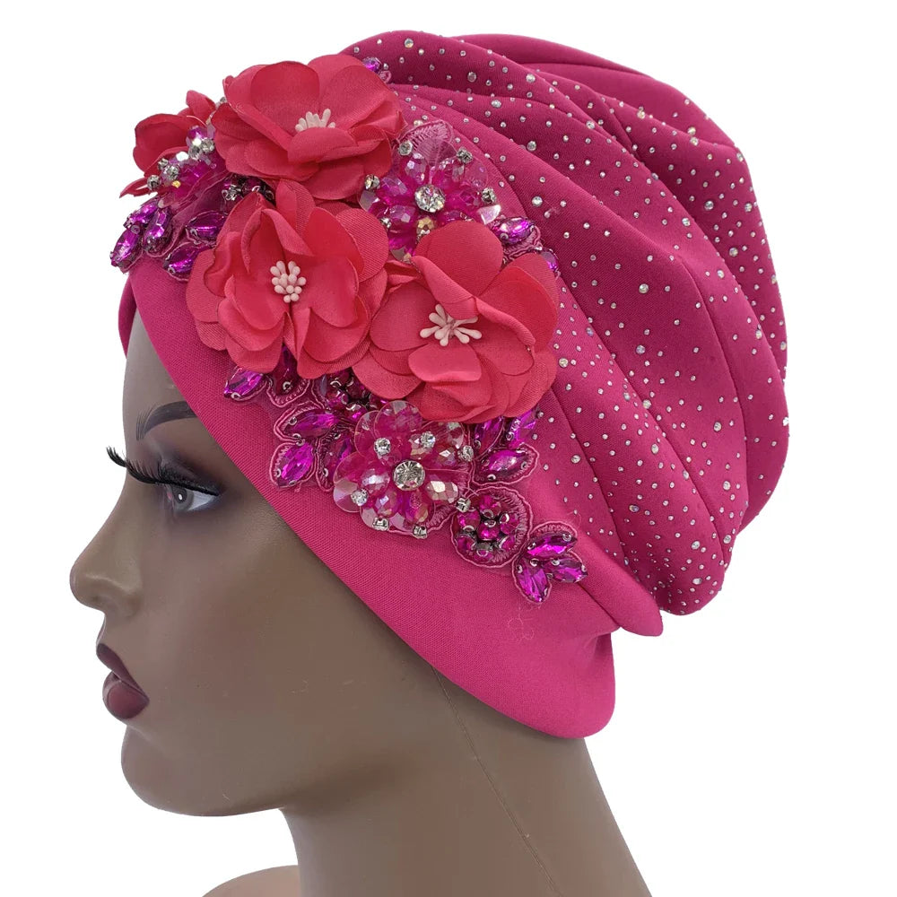 Elegant African Turban Cap with Shiny Rhinestone Ready to Wear Nigeria Auto Gele Headtie Party Women's Head Wrap Bonnet Turbante