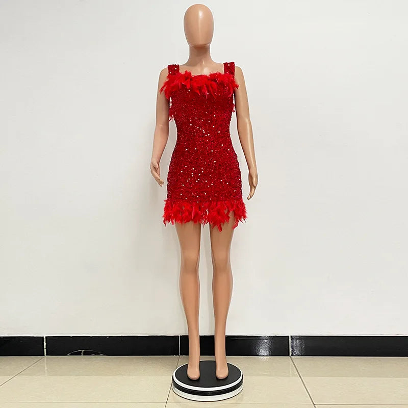 Spring And Summer Women's Clothing MINI Short Solid Color New Wind Sequins Halter Beach Dress One-word Shoulder Feathers Spice G
