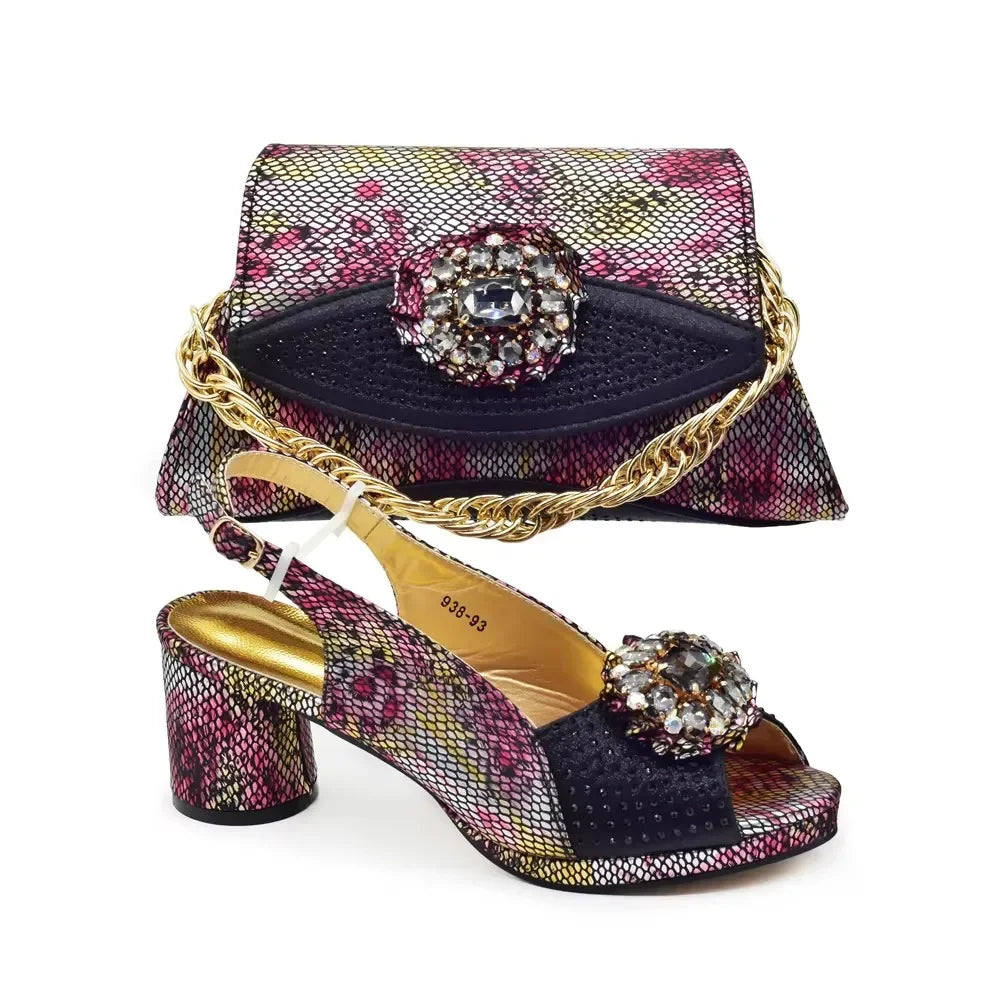 Italian Shoes and Bags Matching Set Decorated with Rhinestone