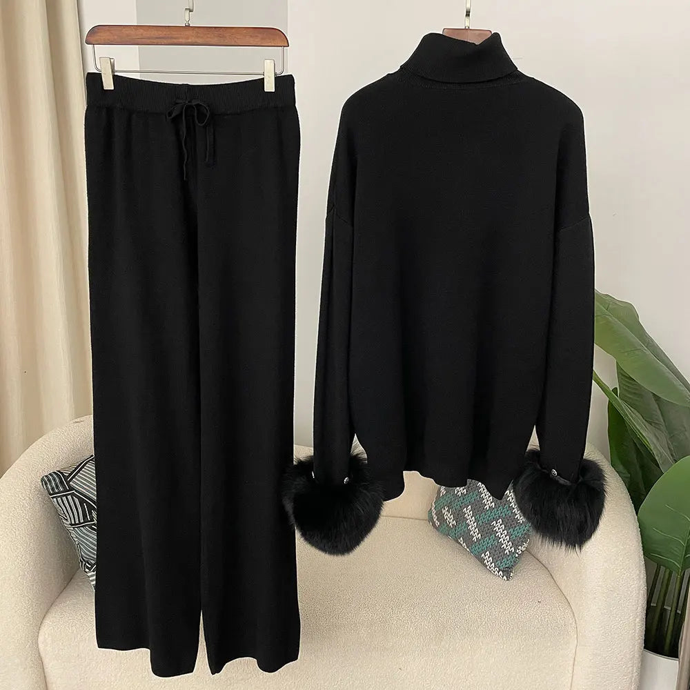 Fashion Autumn Winter Natural Real Fox Fur Cuffs Coat Knitted Sweater Women Long Pants Set Jacket Thick Warm