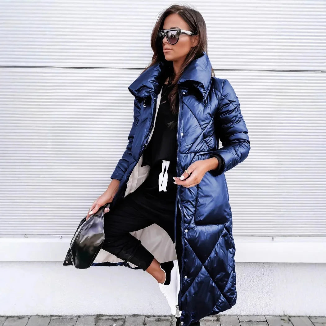 Winter Women's Long Zipper Bright Cotton High Waist Quality Jackets