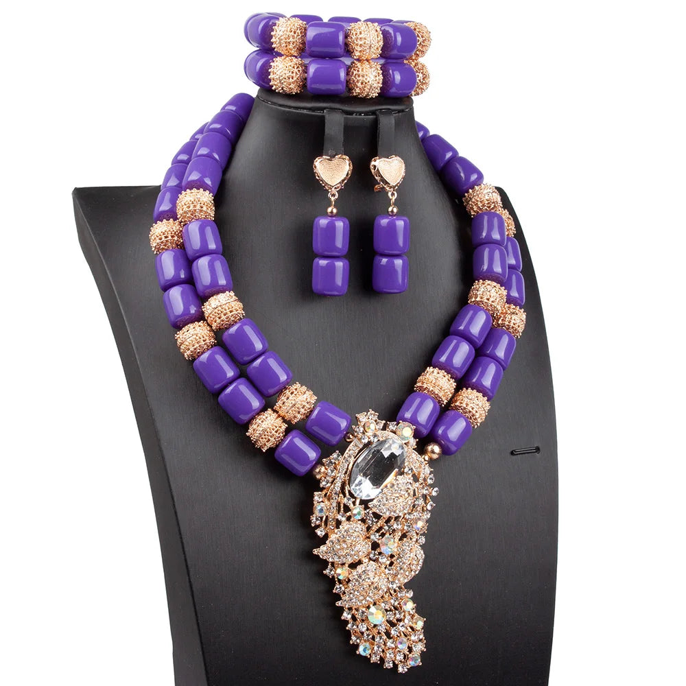 Artificial Coral Women Pendant Necklace Bracelets Earrings Suit African Wedding Jewelry Set Nigeria Bride Accessories Party Gift