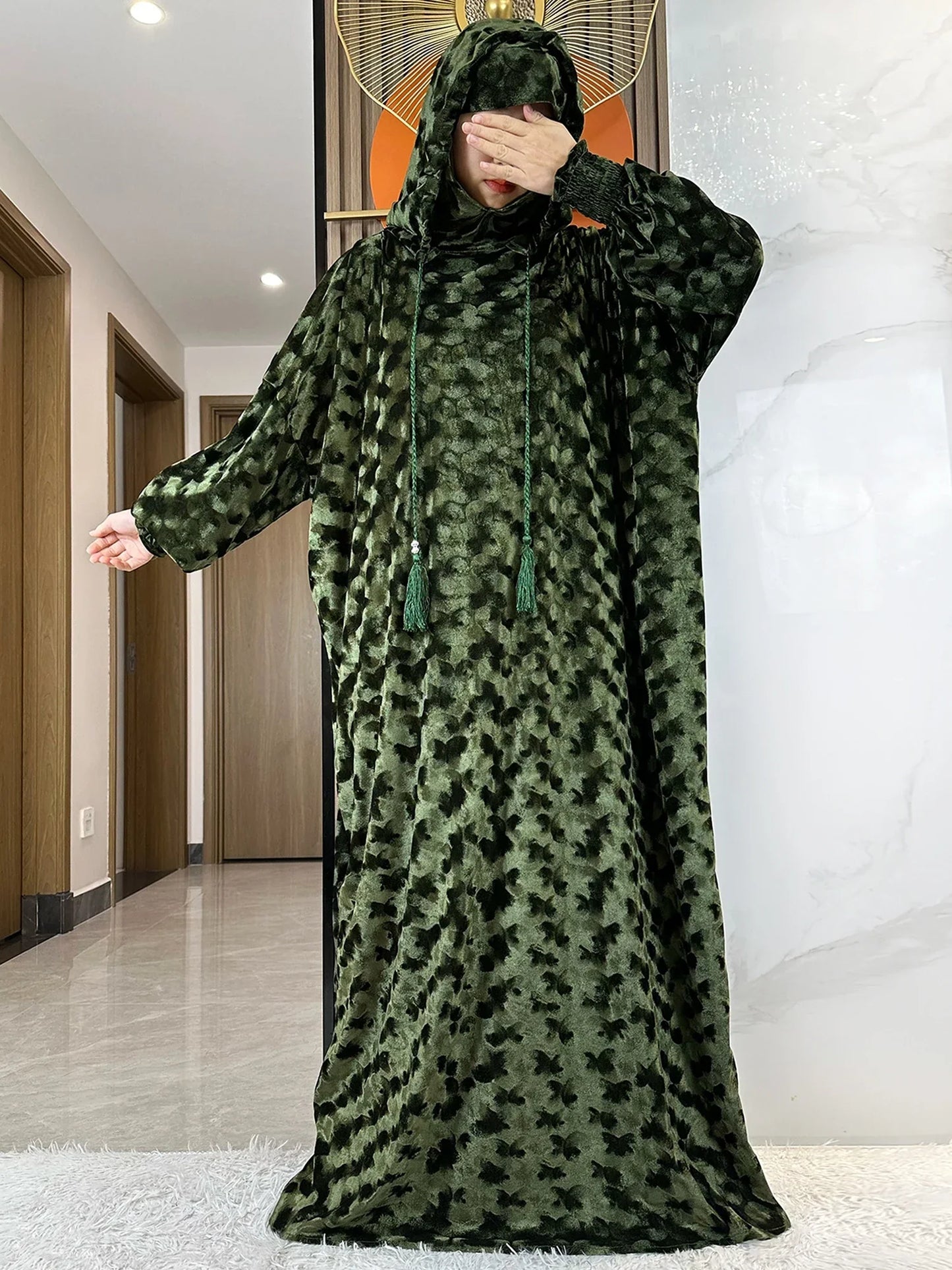 High Quality Velvet Fabric 2025 Ramadan Muslim Lady's Abaya Two-Hats Dubai Turkey Style Islamic Prayer Clothing Kaftan Dress