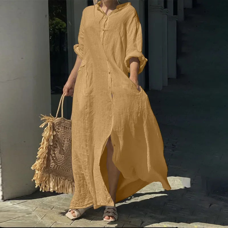 2024 Spring Cotton Linen Oversize Women Dress Long White Button Loose Dresses Female New Casual Trendy Elegant Ladies Clothes