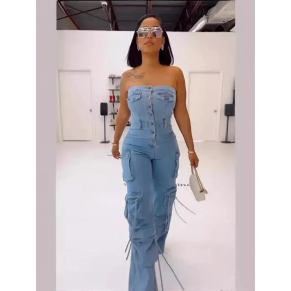 CM.YAYA Women Strapless Sleeveless Wide Leg Jeans Jumpsuits Button Pockets Cargo Street Night Playsuit One Piece Suit Rompers