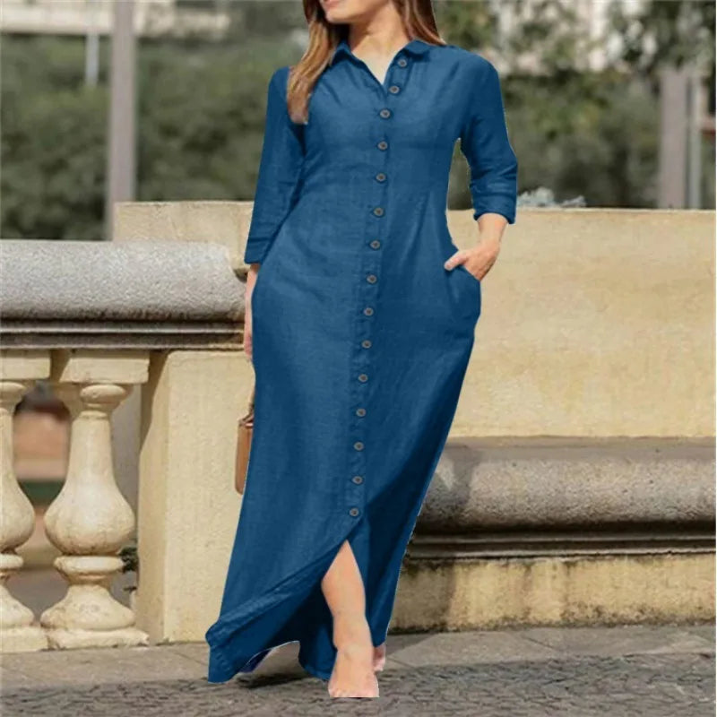 Elegant and Fashionable Neutral Style Long Sleeved Cardigan Solid Color Long Cotton and Linen Dress New Temperament Party Dress