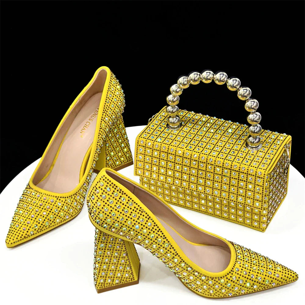 Elegant Women's Yellow PointShoes and Bag Set Rhinestone For Party And Wedding