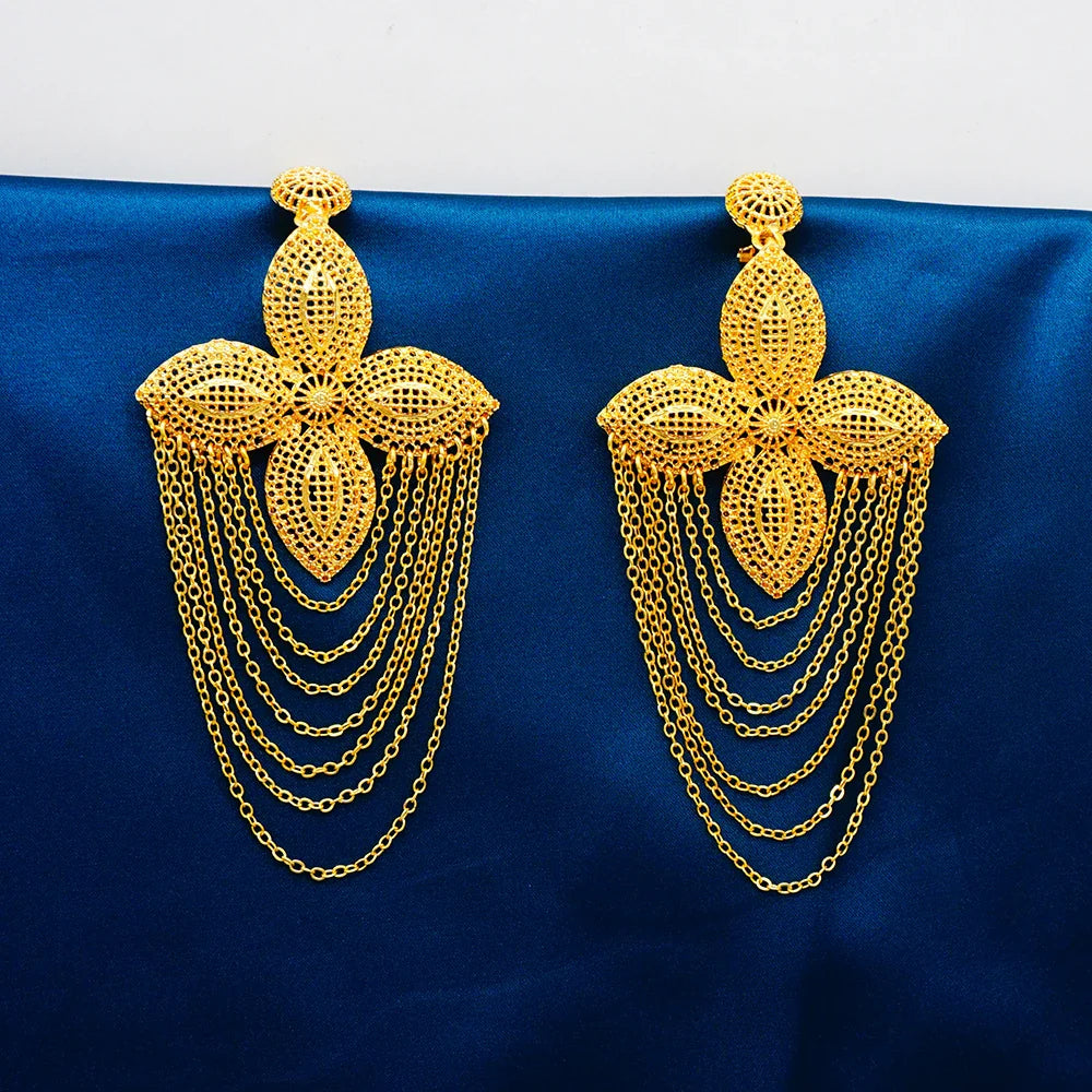 Bohemia Long Tassels Earrings African Dubai Gold Color Drop Earrings For Women Pendant Stud Earrings Wedding Jewellery Gifts