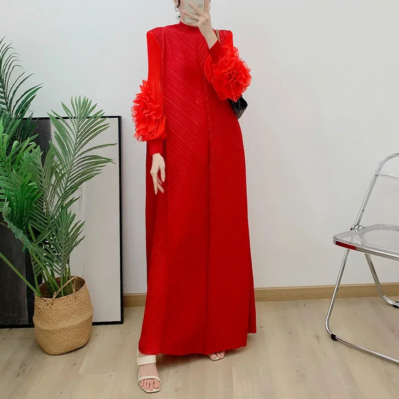 Pleated Maxi Long Dress Mesh Petal Sleeve Half Turtleneck Formal Dresses for Women 2024 New Hot Sales