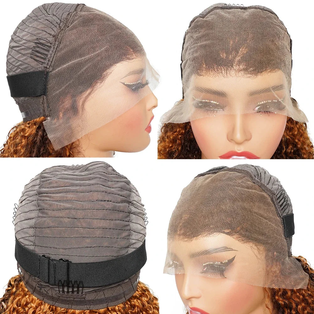 Double Drawn 300 Density Pixie Curl 13x4 Lace Front Wig Brown Ginger Human Hair Wig For Women Pre-Plucked Transparent Lace Front Human Hair Wig