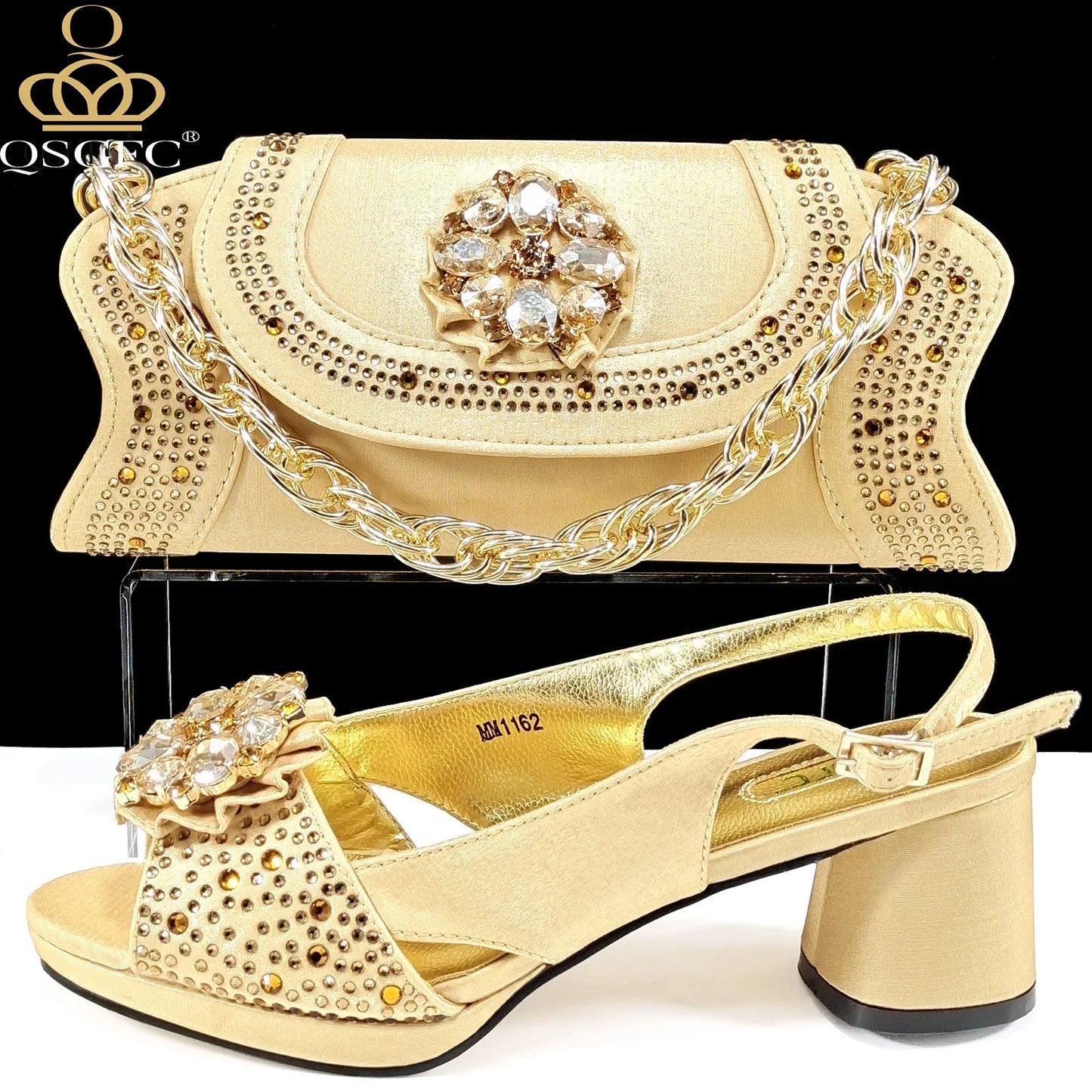 QSGFC Open Toe Women Heels for 2024 Elegant Party Olive Color Diamond Pumps Italian Shoes and Bags Matching Set