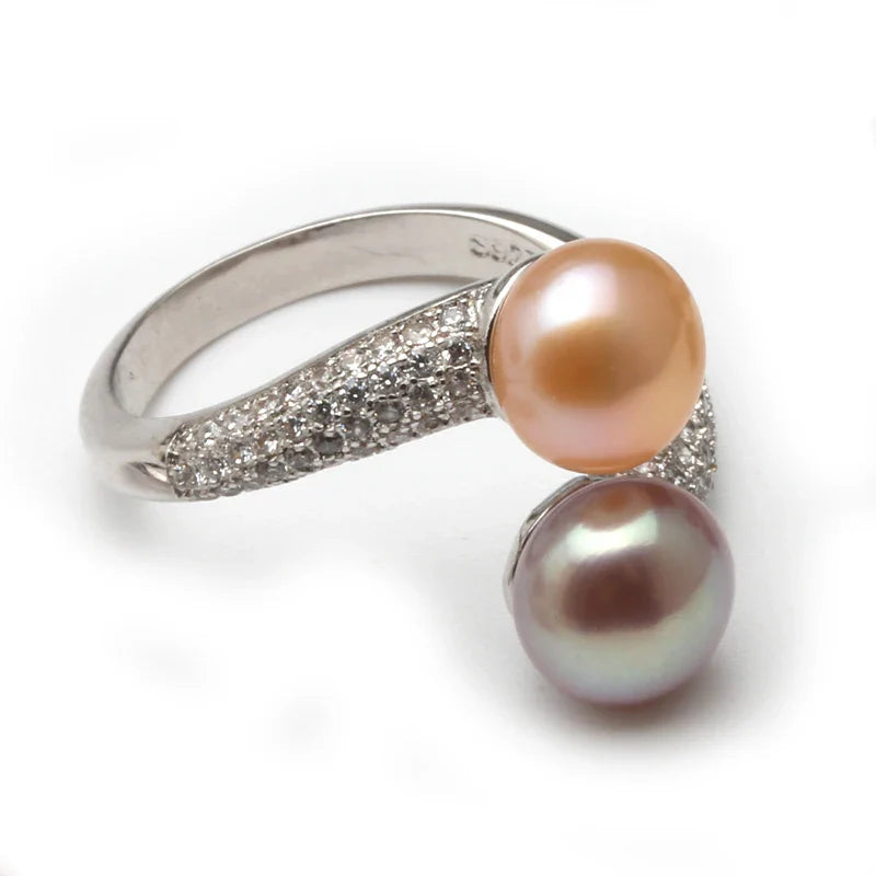 Beautiful Natural Double Pearl Rings For Women,Wedding 925 Silver Pearl Ring Adjustable Wife Mother Birthday Gift White Black