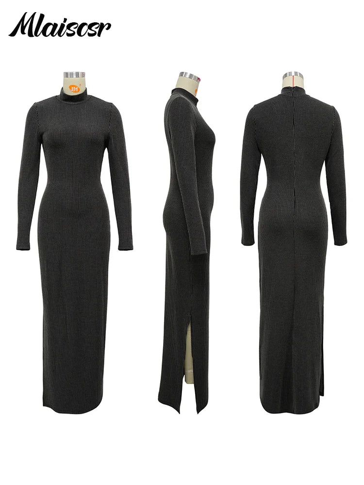 Mlaiscsr Knit Ribbed Elegant Evening Dresses Women Long Sleeve Side Split Slim Bodycon Sexy Birthday Party Prom Fall Winter Robe