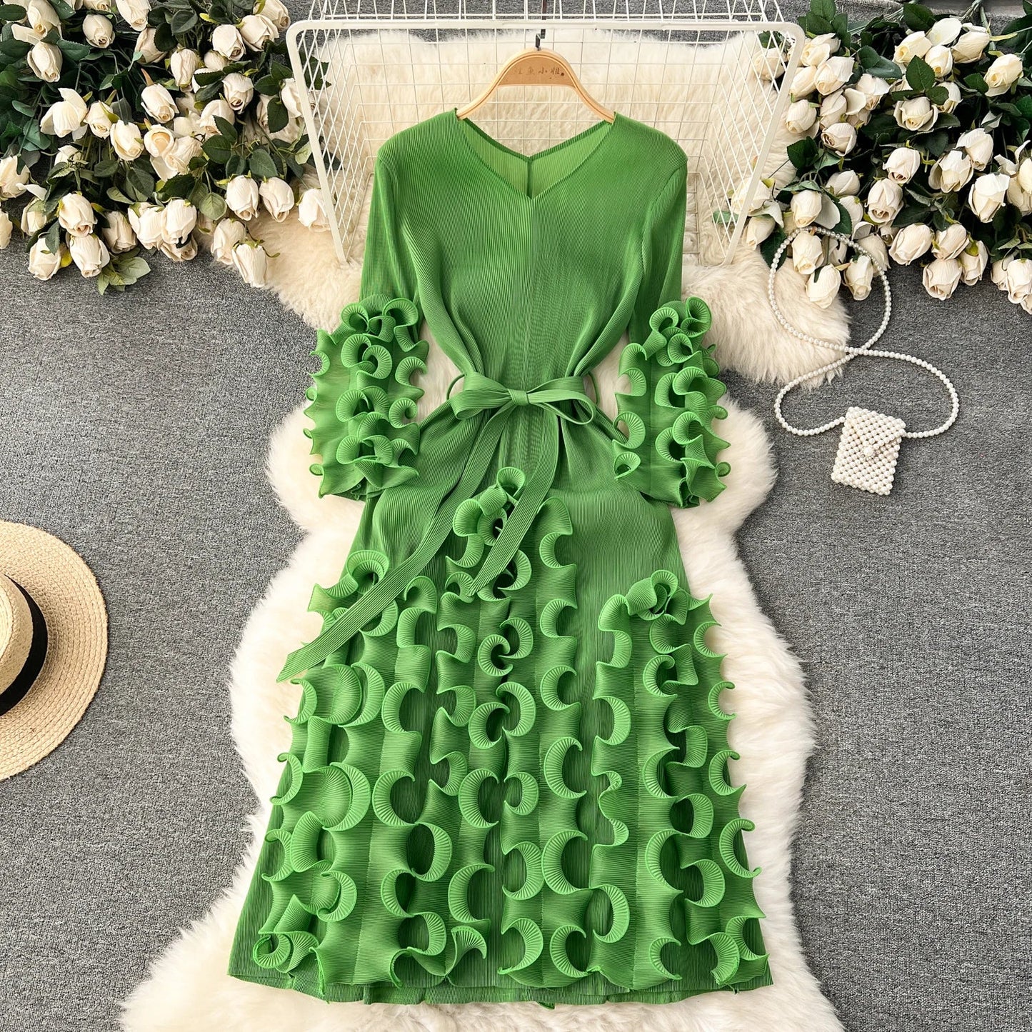 European Court Style Dress Miyake for Women A Design Sense Tassel V-neck Slim Fit Long High-temperature Pleated Flared Sleeve