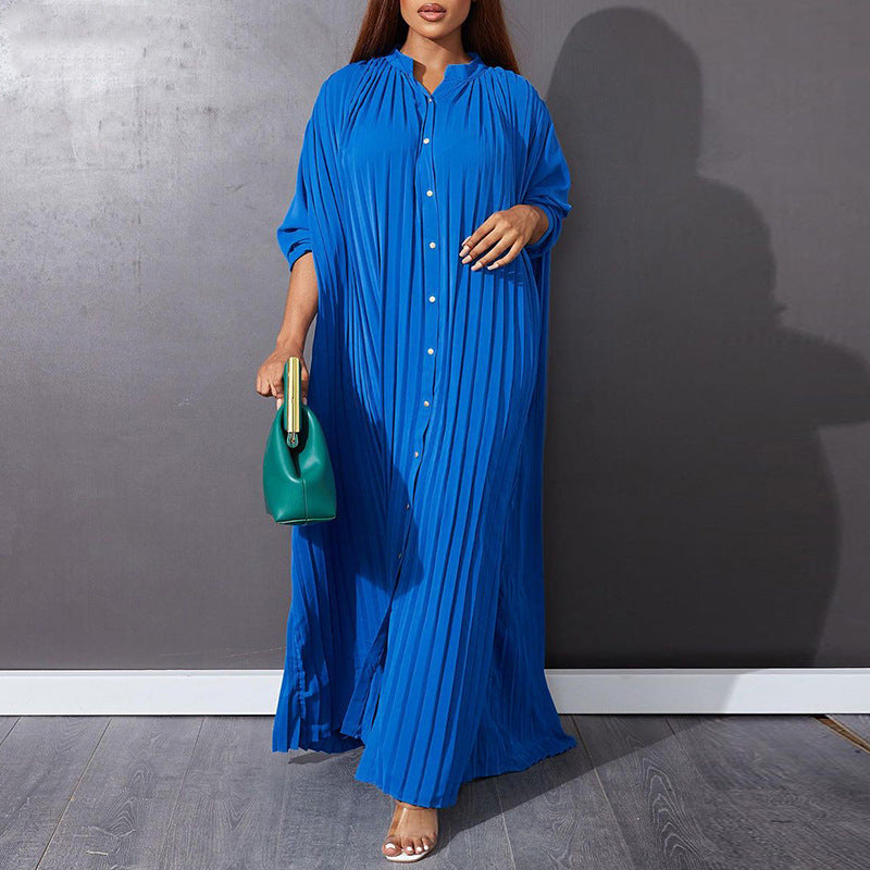Autumn and Winter Fashion New Women's Loose Round Neck Single Breasted Pleated Temperament Obese Women's Long Sleeved Dress