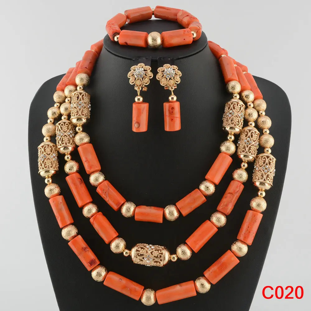 Latest Coral Jewelry Sets Nigerian Dubai Orange Necklace Sets of Beads African Bridal Jewelry Sets