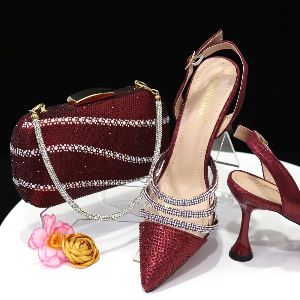 Venus Chan Shoes for Women 2023 Pointed Toe Black Heels Rhinestone Chain Party Sandals Italian Shoes and Bags Matching Set 2023