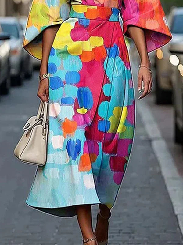 Modigirl 2025 New African Dresses for Woman Summer Short Sleeves Asymmetric Tied Waist Casual 1 Pieces Woman Midi Colorful Dress