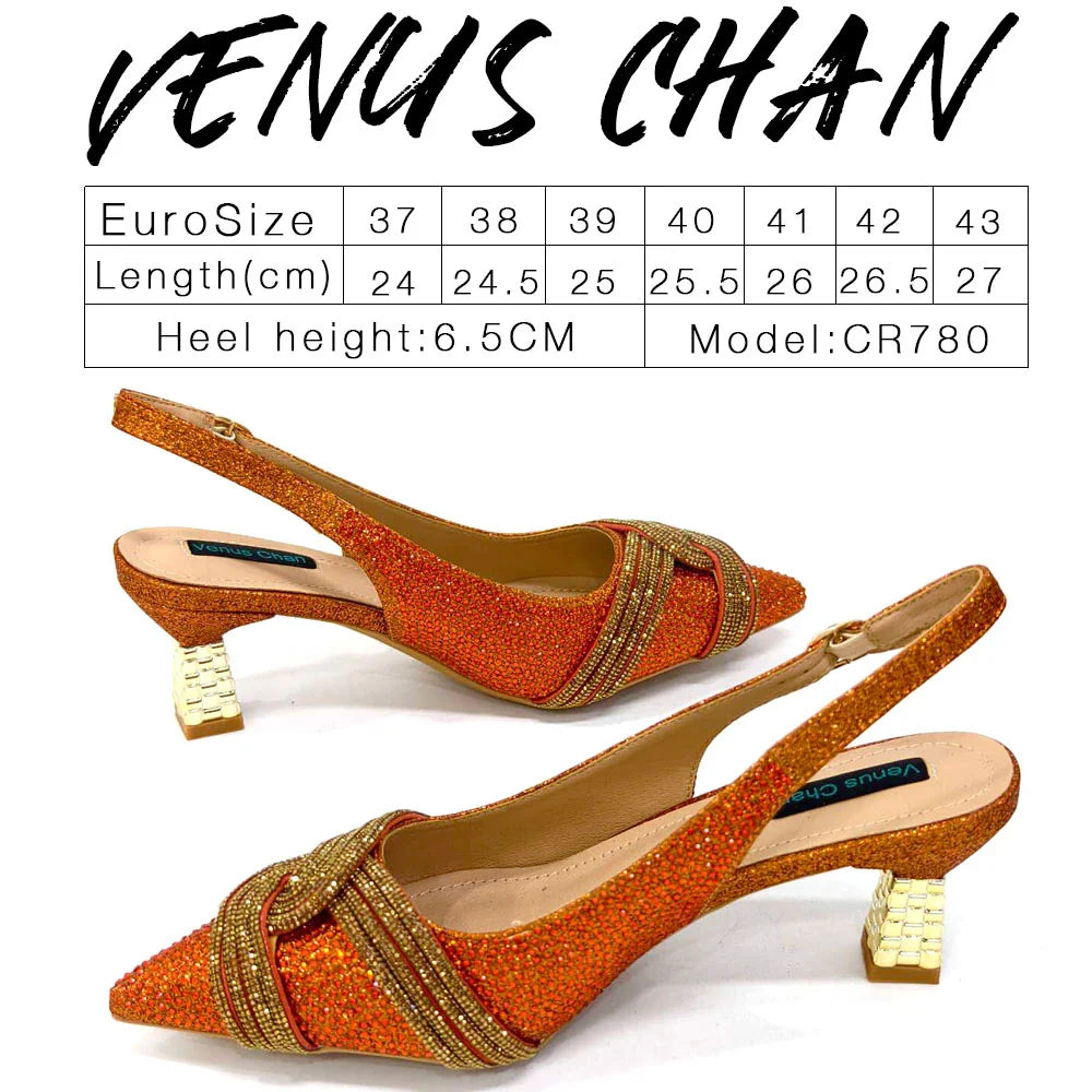 Venus Chan Black Hollow Design With Pointed Shoes And Fashion Three-Dimensional Bag Cozy Rhinestones Are Suitable For Parties