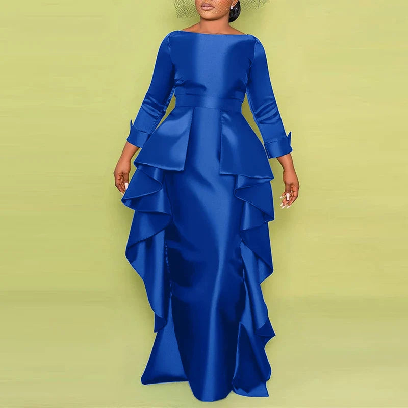 Plus Size 5XL Bohemian Maxi Long Dress 2025 VONDA Women Elegant Satin Dress Ruffle Sundress Casual Vestidos Solid Color Robe