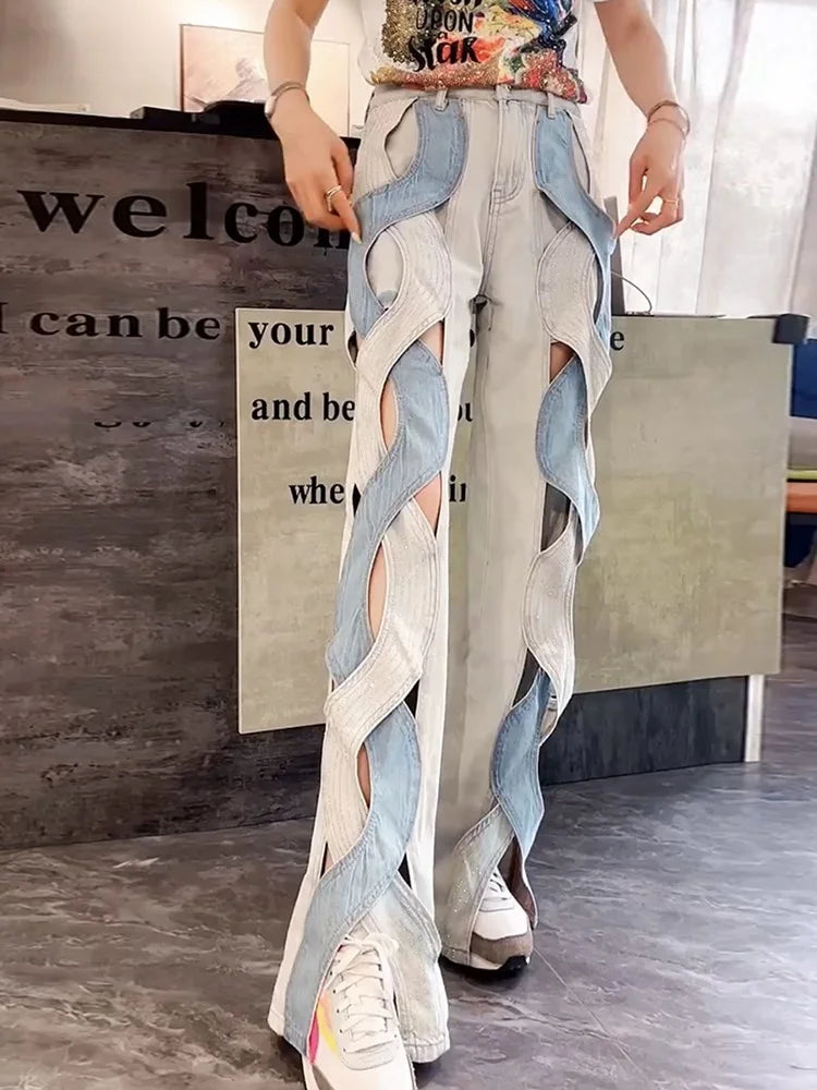 Women's Crisscross Streetwear Denim Trousers With High Waist Patchwork
