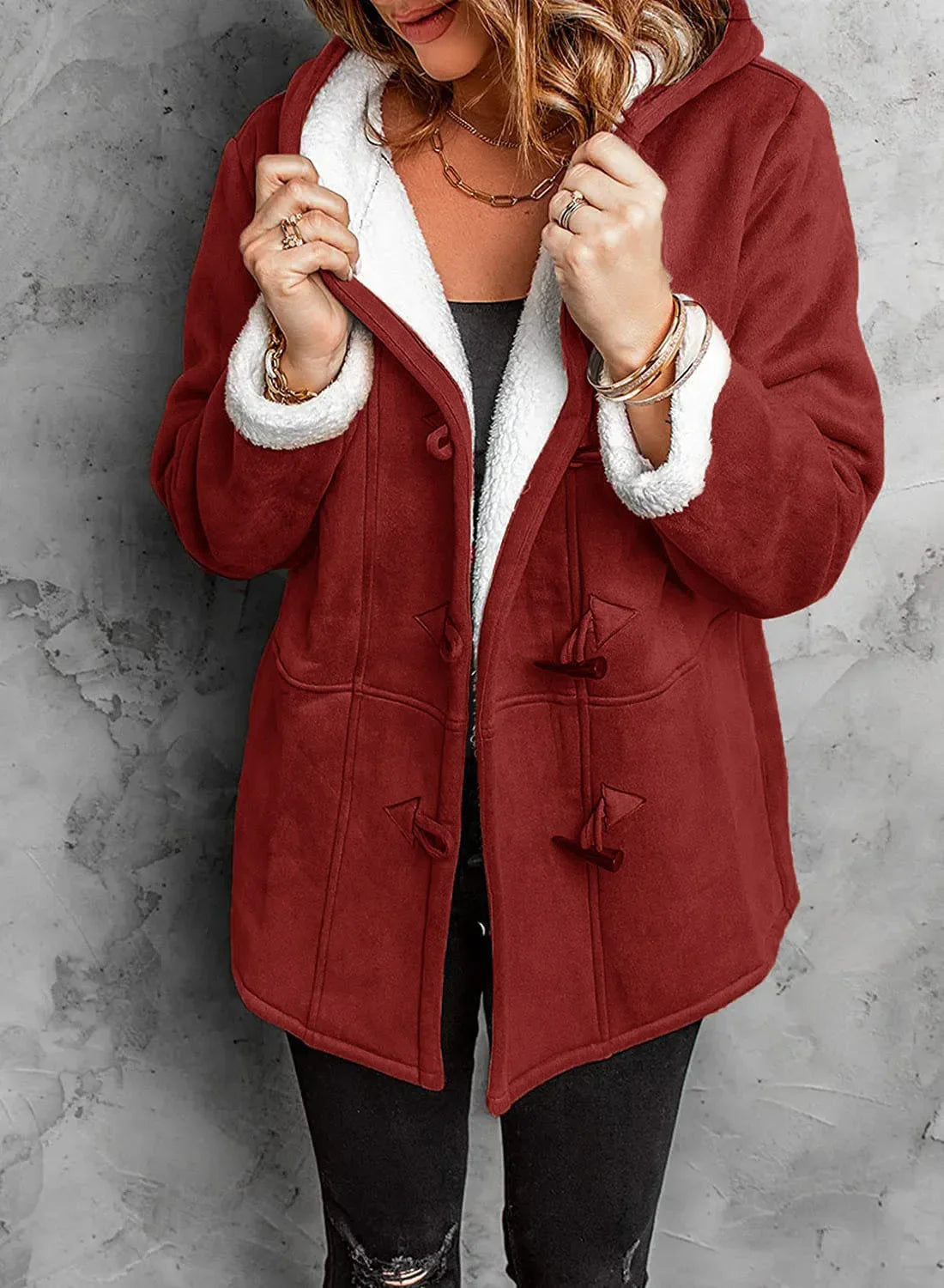 Women’s Faux Wool Hooded Coat with Fleece Lining – Warm Toggle Jacket