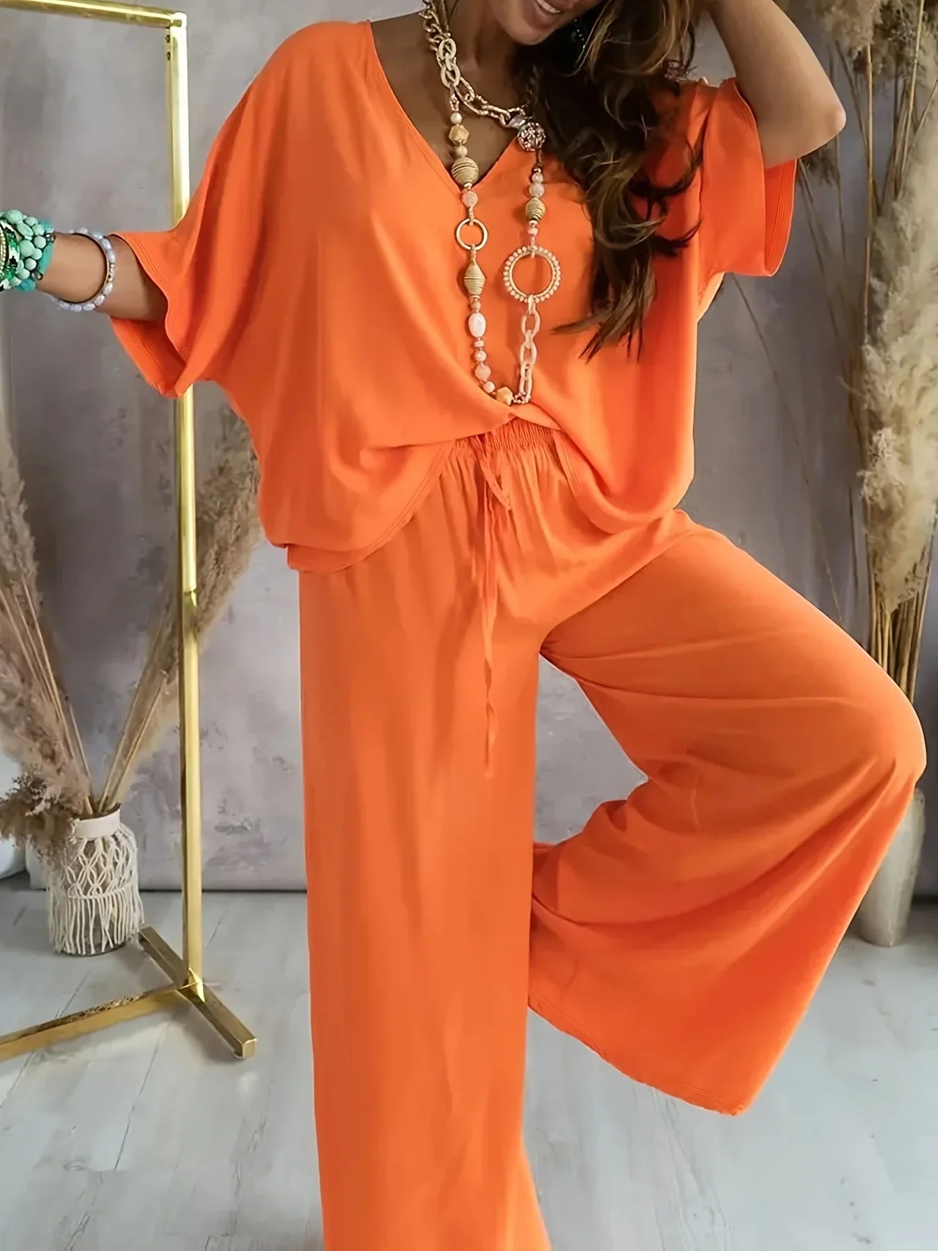 Cross border Europe and America 2025V collar bat sleeve casual loose wide leg pants set for women