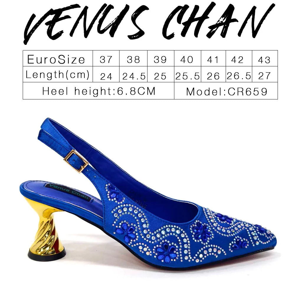 Elegant And Sexy Fuchsia Color High Heels Shoes And Bag With Rhinestone Embellished Toe Is Comfortable Women's Shoes For Party
