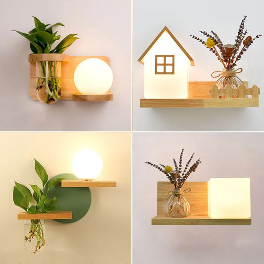 Modern Wooden LED Wall Lamp – Creative Plant & Decor Shelf Light (17 Styles)