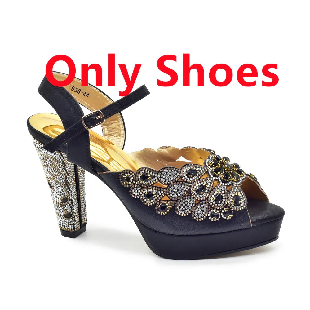 2024 Fashion Black Color High Quality Peep Toe Thin Heels Shoes Matching Bag Set for Nigerian Party Women Women Shoe Size 43