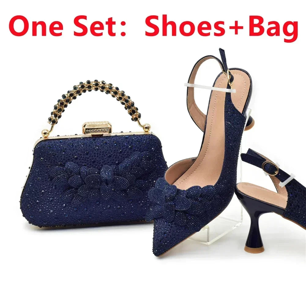 Luxury Italian Shoes and Bag Set for Women Wedding Pointed Toe Women's Pumps High Heel Rhinestones Party Ladies Shoe and Bag Set