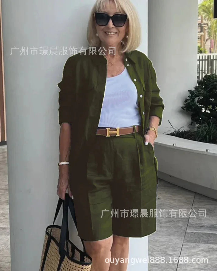 2025 Elegant 2-Piece Sets For Women Womens Cardigan Shirt Top Summer Solid Color Casual Shorts Two Piece New In Matching Sets