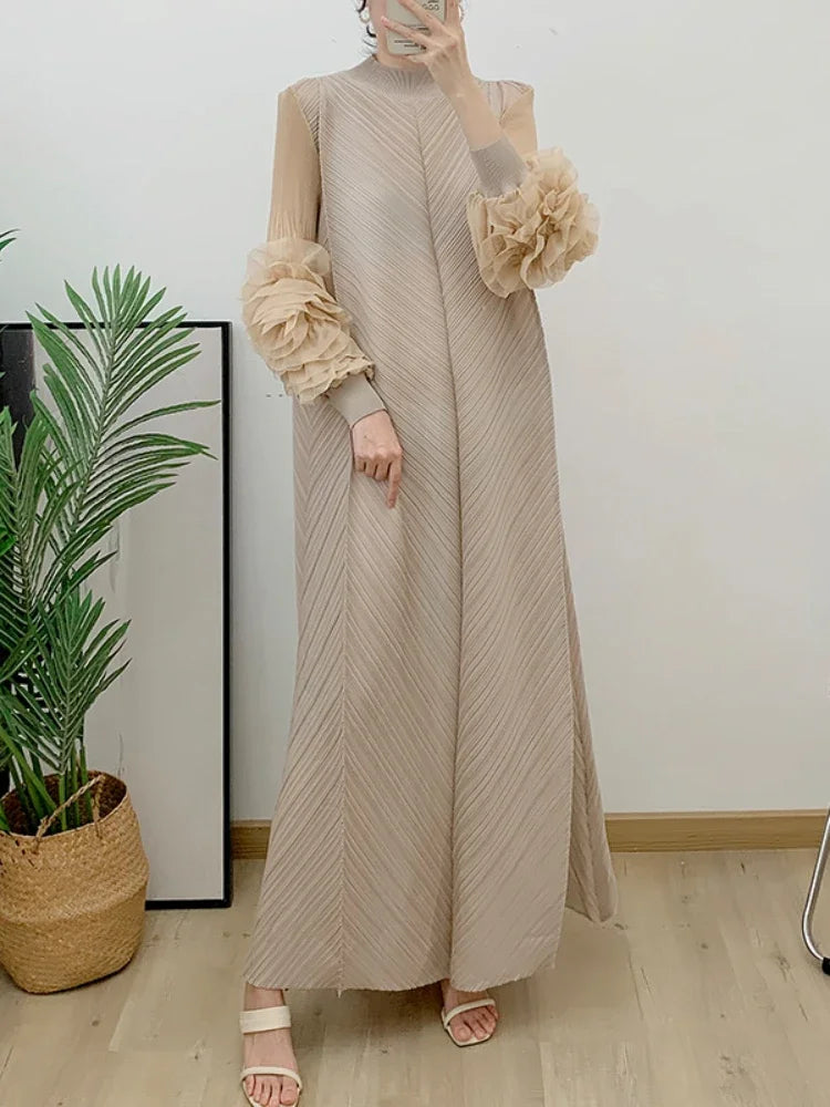 Pleated Maxi Long Dress Mesh Petal Sleeve Half Turtleneck Formal Dresses for Women 2024 New Hot Sales
