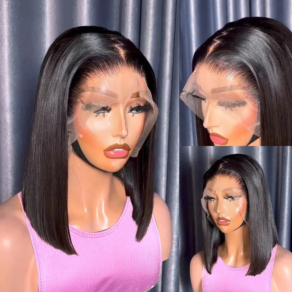 16Inch Vietnamese Super Double Drawn Bone Straight 13x4 Frontal Bob Wig with Human Hair Natural Black 210%Density For BlackWomen