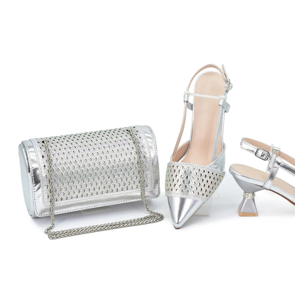 Women's Italian Shoes and Matching Bags Sets Decorated with Rhinestone Fashion