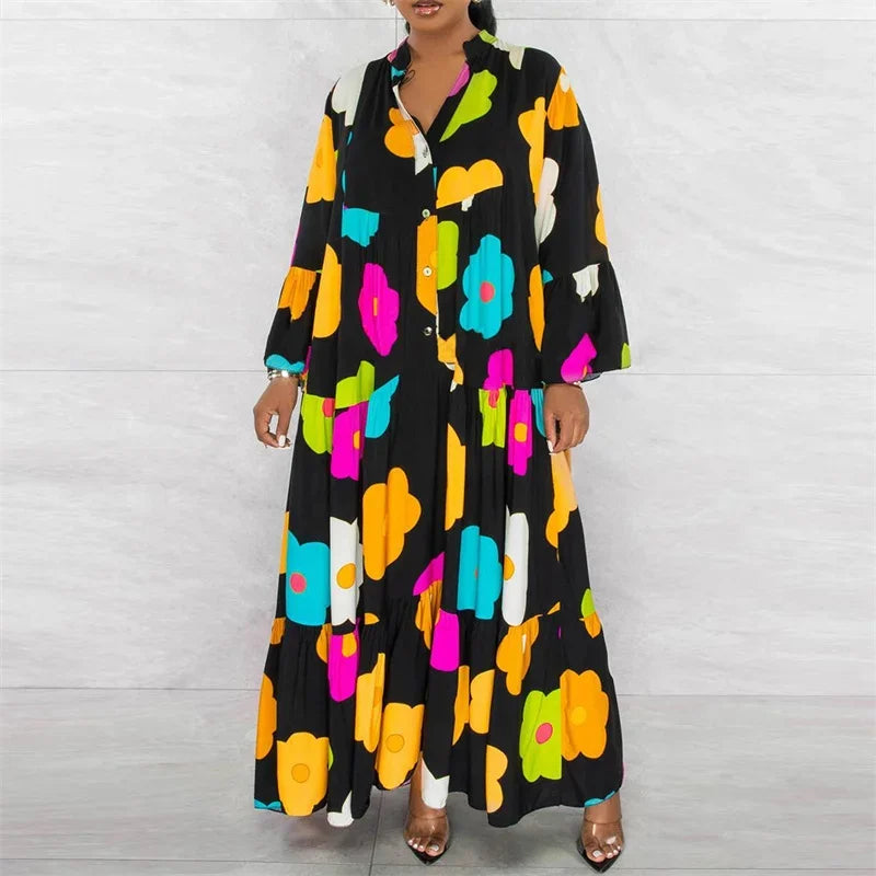 Floral Print Long Sleeve Shirt Dress for Women Spring Autumn Button-up Straight Loose Oversized Casual Long Dresses Vestidos