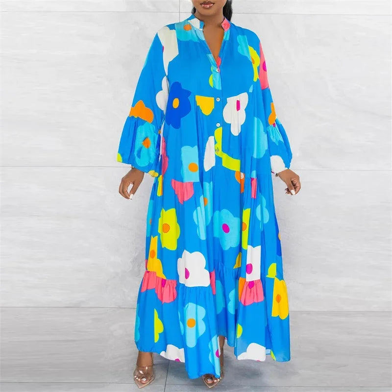 Floral Print Long Sleeve Shirt Dress for Women Spring Autumn Button-up Straight Loose Oversized Casual Long Dresses Vestidos