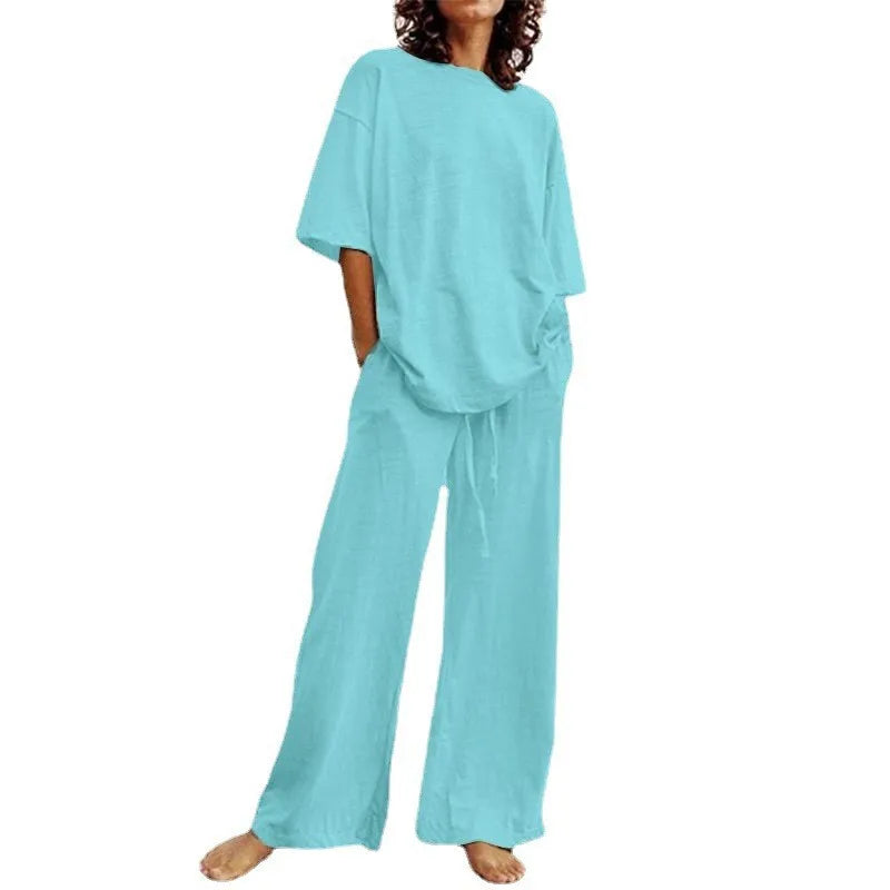Fashion Women's 2-piece Set 2024 Summer Casual Loose Lace Up Pocket Set Half Sleeve O-Neck Top And Wide Leg Pants Set Outfits