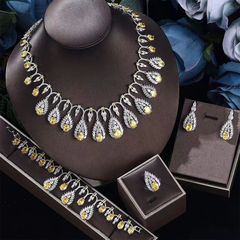 2024 Clever Dubai Water Drop 4-piece Necklace and Earring Set with Cubic Zirconia Jewelry for Women's Wedding Party Gifts