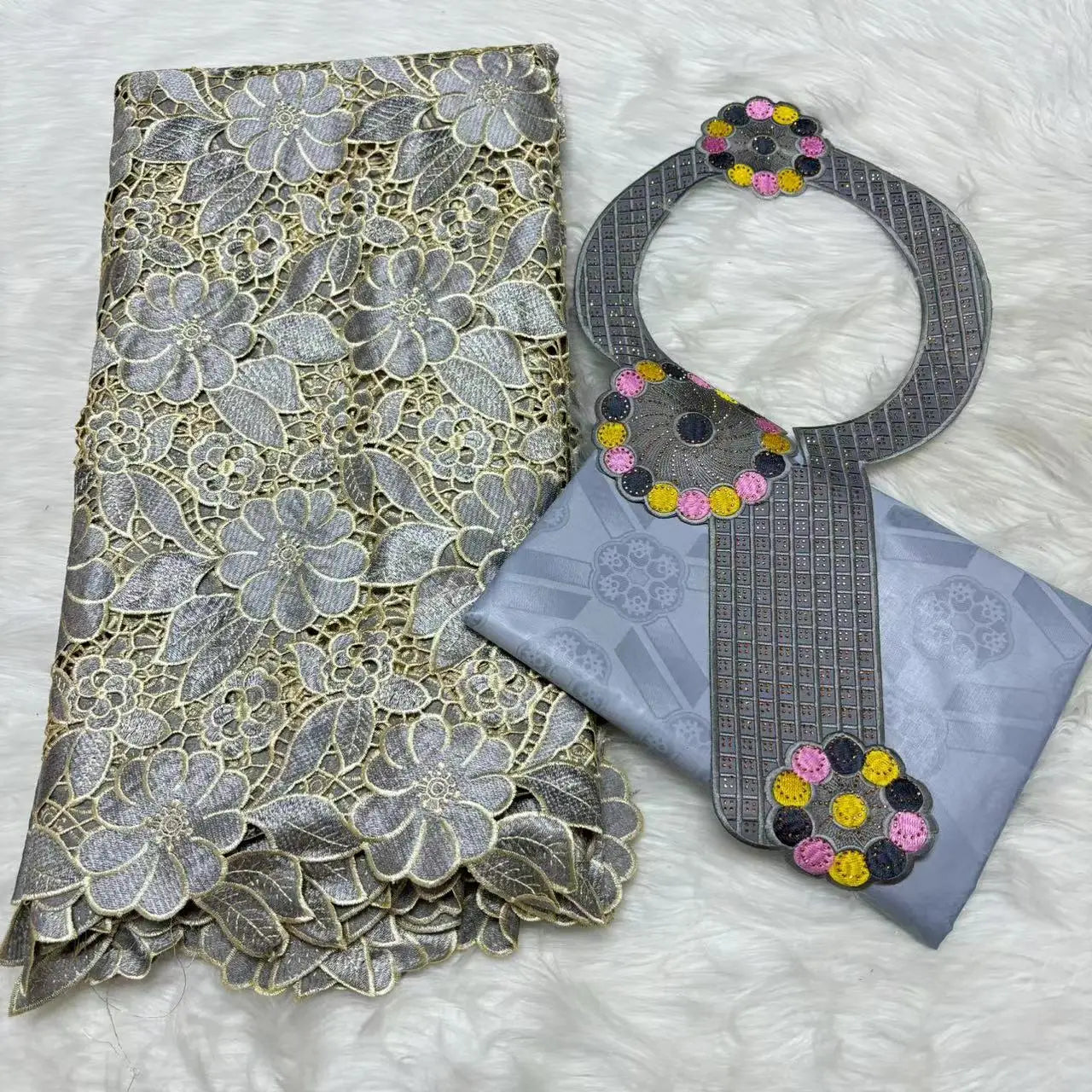 2024 High Quality 2.5yards Bazin Riche Brocade Fabric +2.5 Yards African Cotton Lace Fabric with Collar Set for Dress  M4-1212-1