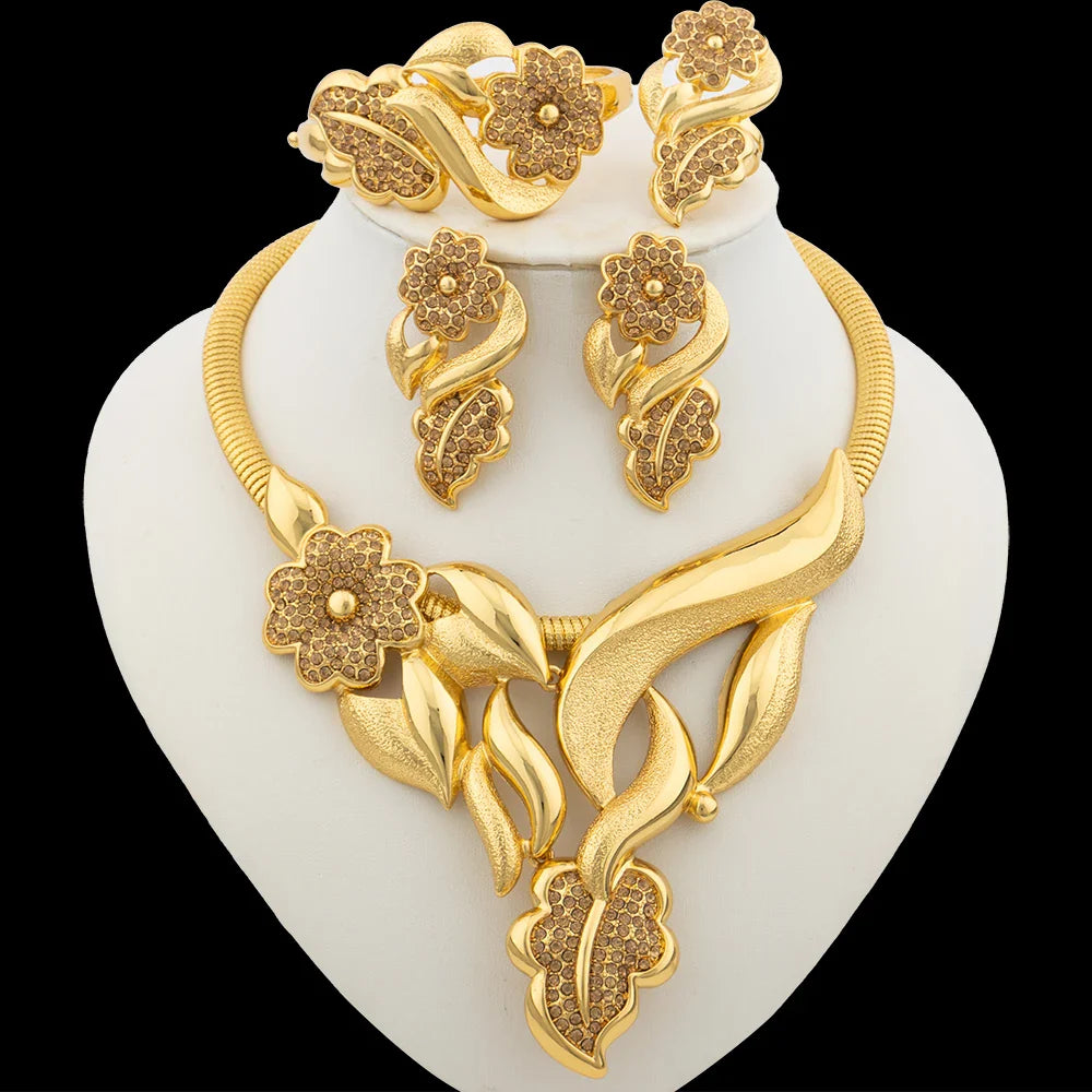 Luxury Flower Design Jewelry Set for Women, Gold Color Big Pendant Necklace and Earrings Bridal Weddings Nigerian Accessories