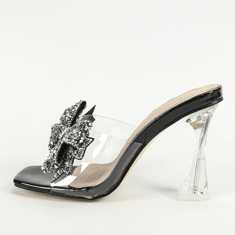 Liyke Fashion Silver Sequined Butterfly Knot Women Transparent Slippers Summer Square Toe Clear High Heels Sandals Female Shoes