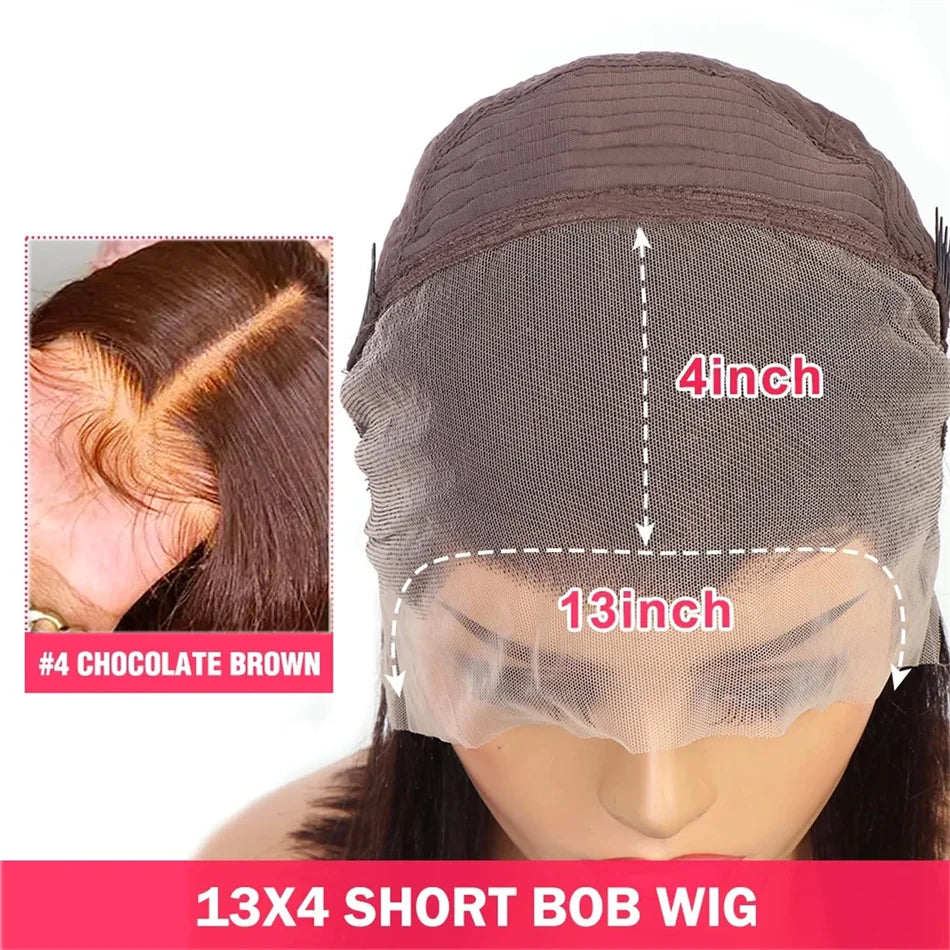 12A Double Drawn 210% Density Bone Straight Hair Bob Wig 13x4 Lace Front Wig 10-16 Inches Chocolate Brown Human Hair Wig