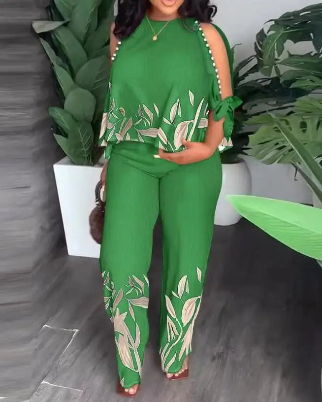 2024 Spring Summer Fashion New Printed Set Women Loose Casual Round Neck Raglan Hollow Five Quarter Sleeve Trousers Suit Lady